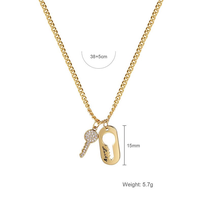 Lucky Key & Keyhole Necklace – Gold Chain with Rhinestone Details