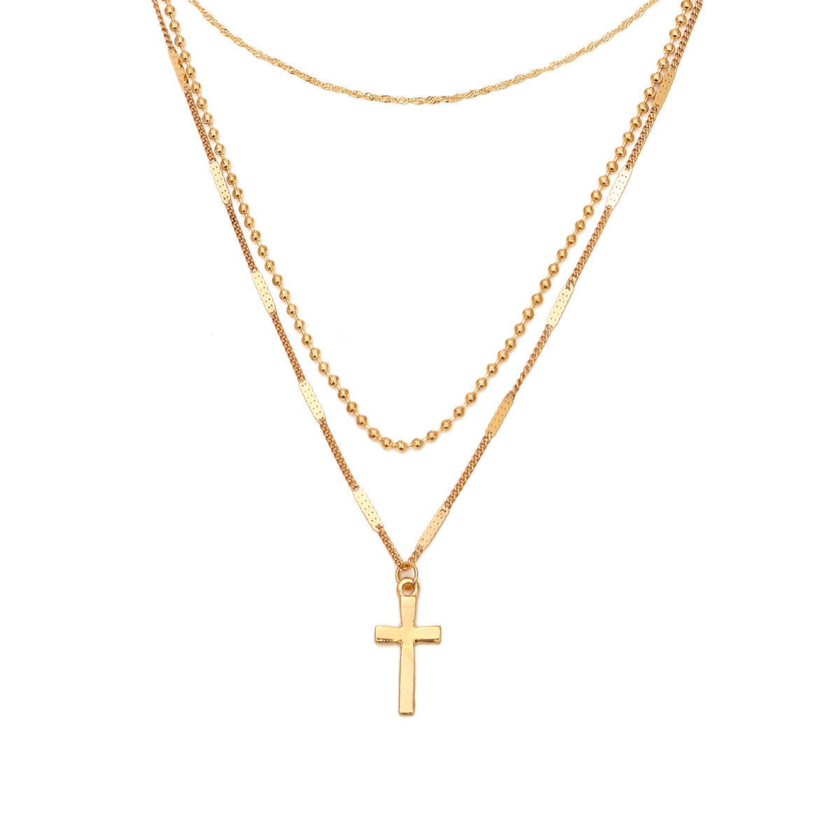 Gold Multi-Layer Necklace with Cross Pendant – Chic & Timeless Look