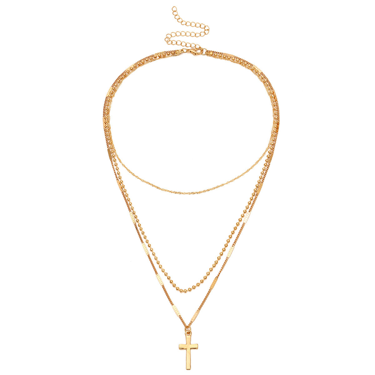 Gold Multi-Layer Necklace with Cross Pendant – Chic & Timeless Look