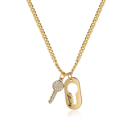 Lucky Key & Keyhole Necklace – Gold Chain with Rhinestone Details