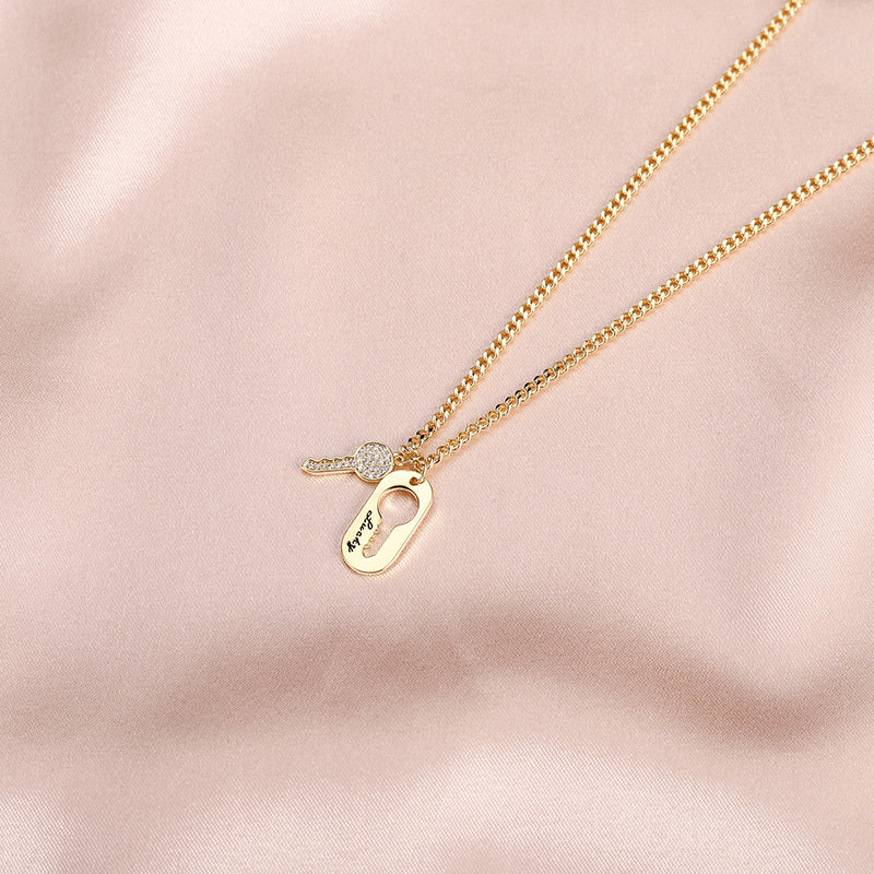 Lucky Key & Keyhole Necklace – Gold Chain with Rhinestone Details
