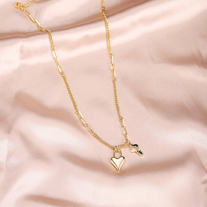 Lucky Key & Keyhole Necklace – Gold Chain with Rhinestone Details